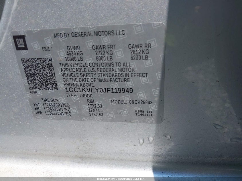 2018 Chevrolet Silverado 2500 VIN 1GC1KVEY0JF119949 IAAI salvage auction — NORMAL WEAR, Sf97 (New York), sold $18,400 on 2026-07-31 (photo 9)