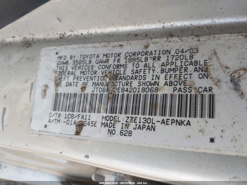 2004 Toyota Corolla VIN JTDBR32E842018068 IAAI salvage auction — LEFT SIDE, Clear (Virginia), sold $625 on 2026-07-20 (photo 9)