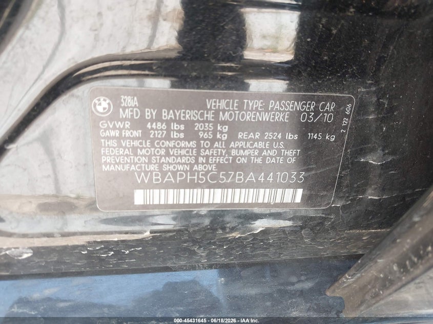 2011 BMW 3 series VIN WBAPH5C57BA441033 IAAI salvage auction — UNKNOWN, Salvage (California), sold $975 on 2026-07-09 (photo 9)