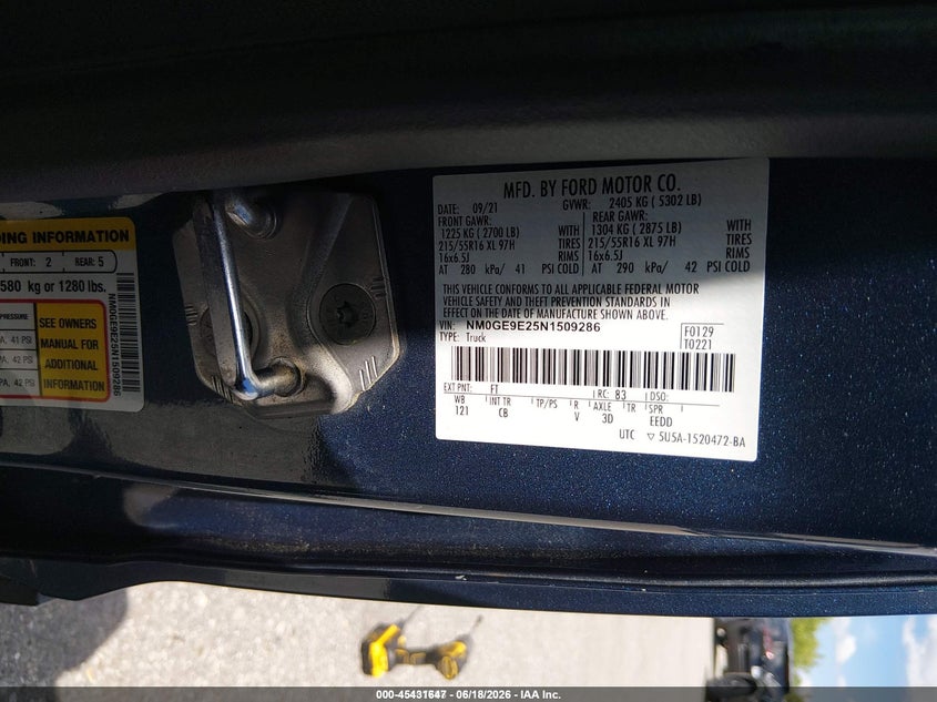 2022 Ford Transit connect VIN NM0GE9E25N1509286 IAAI salvage auction — NORMAL WEAR, Sf97 (Maryland), sold $13,800 on 2026-08-31 (photo 9)