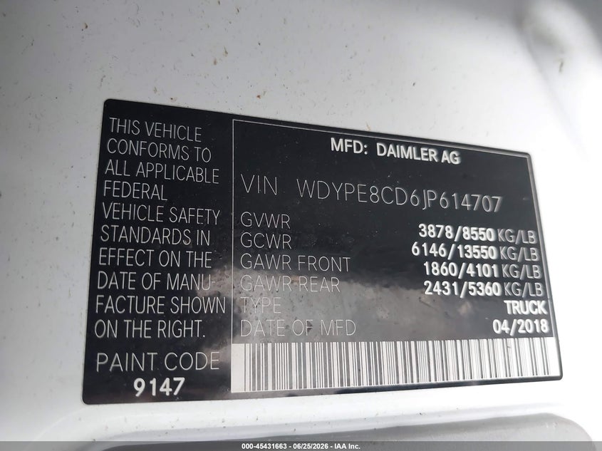 2018 Freightliner Sprinter 2500 VIN WDYPE8CD6JP614707 IAAI salvage auction — Burn Engine, Salvage - Greater Than 75% (Maryland), sold $2,450 on 2026-07-29 (photo 9)