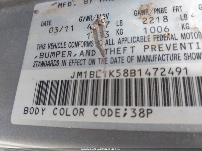 2011 Mazda 3 VIN JM1BL1K58B1472491 IAAI salvage auction — LEFT REAR, Salvage (Texas), sold $550 on 2026-07-29 (photo 9)