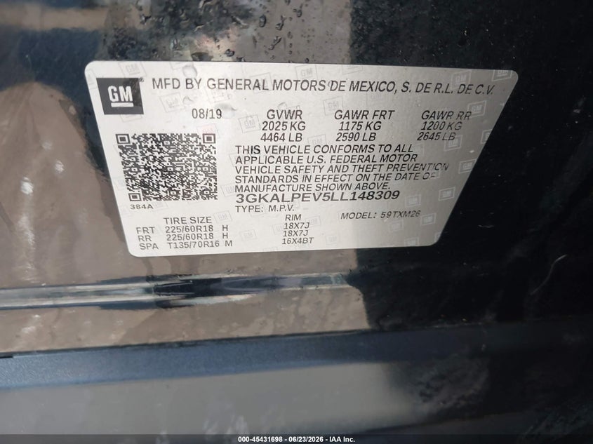2020 Gmc Terrain VIN 3GKALPEV5LL148309 IAAI salvage auction — HAIL, Salvage (Ohio), sold $5,950 on 2026-07-24 (photo 9)