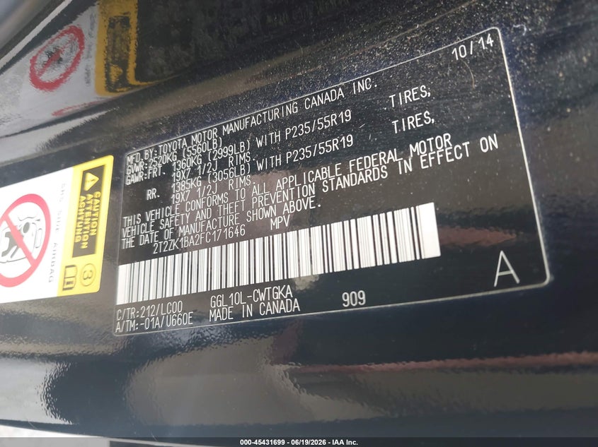 2015 Lexus Rx VIN 2T2ZK1BA2FC171646 IAAI salvage auction — LEFT FRONT, Salvage Title, sold $3,150 on 2026-07-23 (photo 9)