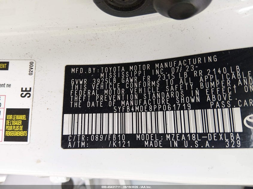 2023 Toyota Corolla VIN 5YFB4MDE8PP061719 IAAI salvage auction — FRONT END, Salvage Title, sold $4,450 on 2026-07-30 (photo 9)