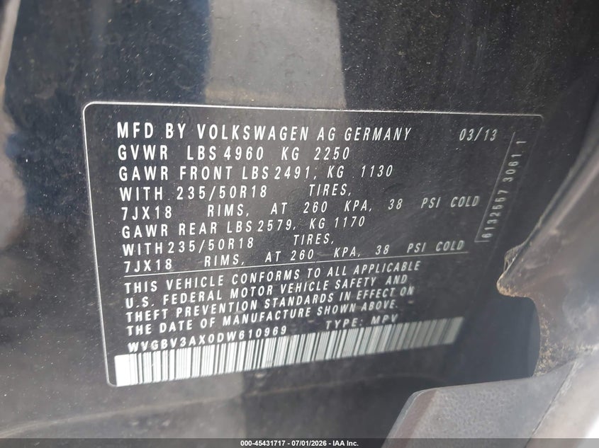2013 Volkswagen Tiguan VIN WVGBV3AX0DW610969 IAAI salvage auction — NORMAL WEAR, Clear-Dealer Only (Oregon), sold $900 on 2026-07-09 (photo 9)