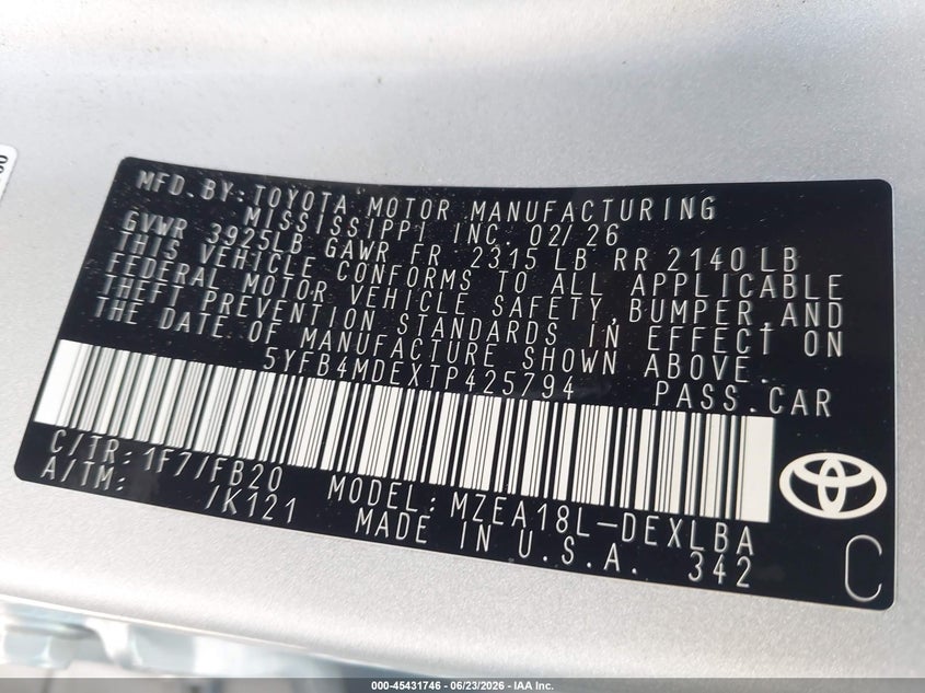 2026 Toyota Corolla VIN 5YFB4MDEXTP425794 IAAI salvage auction — FRONT END, Salvage (Ohio), sold $5,900 on 2026-07-21 (photo 9)
