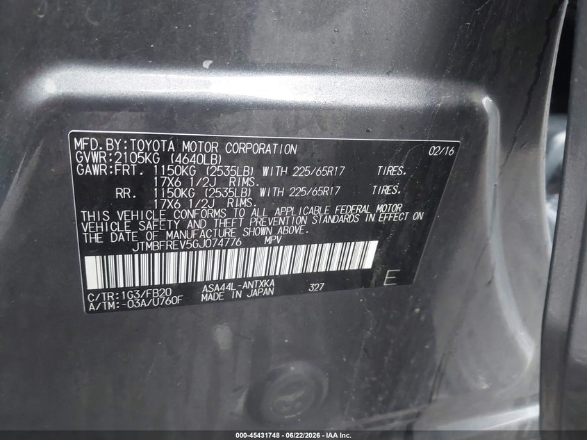 2016 Toyota Rav 4 VIN JTMBFREV5GJ074776 IAAI salvage auction — FRONT END, Mv-907A (New York), sold $3,900 on 2026-07-07 (photo 9)