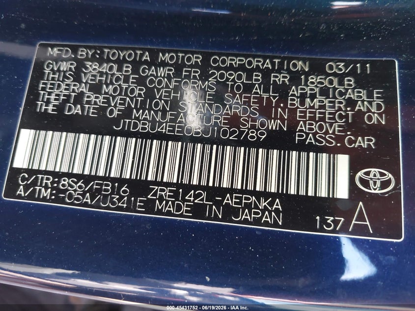 2011 Toyota Corolla VIN JTDBU4EE0BJ102789 IAAI salvage auction — REAR END, Clear (Tennessee), sold $225 on 2026-07-29 (photo 9)