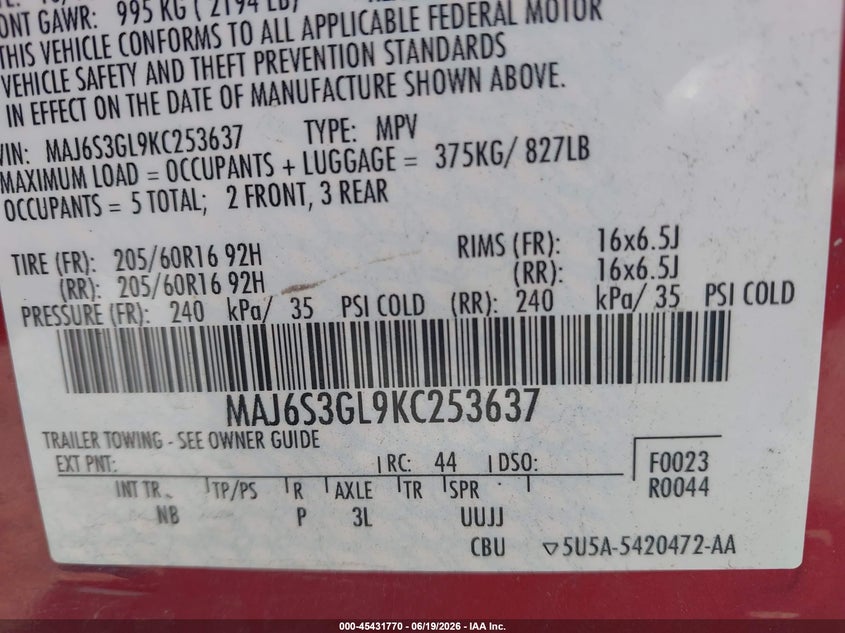 2019 Ford Ecosport VIN MAJ6S3GL9KC253637 IAAI salvage auction — SIDE, Salvage (Pennsylvania), sold $1,650 on 2026-07-28 (photo 9)