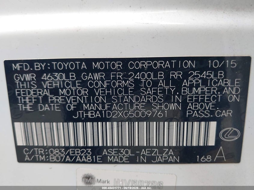 2016 Lexus Is VIN JTHBA1D2XG5009761 IAAI salvage auction — REAR END, Salvage (California), sold $7,500 on 2026-07-09 (photo 9)