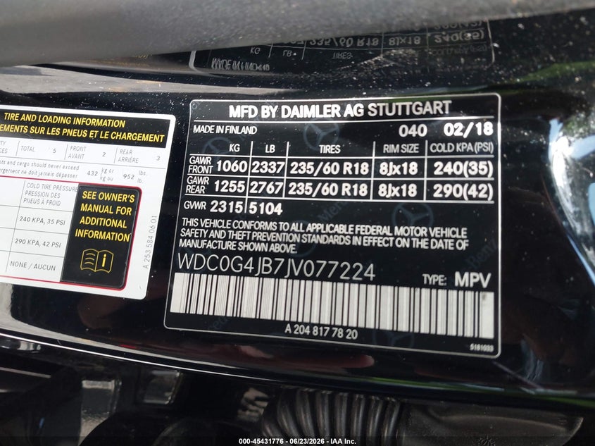 2018 Mercedes-benz Glc VIN WDC0G4JB7JV077224 IAAI salvage auction — RIGHT FRONT, Salvage Title, sold $5,100 on 2026-07-29 (photo 9)