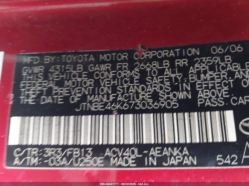 2007 Toyota Camry VIN JTNBE46K673036905 IAAI salvage auction — NORMAL WEAR, Salvage (Texas), sold $450 on 2026-07-24 (photo 9)