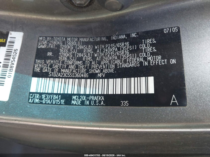2005 Toyota Sienna VIN 5TDZA23C55S360486 IAAI salvage auction — SIDE, Clear (New Jersey), sold $625 on 2026-07-15 (photo 9)