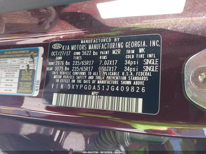 2018 Kia Sorento VIN 5XYPGDA51JG409826 IAAI salvage auction — FRONT END, Salvage (California), sold $750 on 2026-07-06 (photo 9)