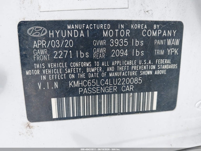 2020 Hyundai Ioniq hybrid VIN KMHC65LC4LU220085 IAAI salvage auction — ALL OVER, Sf97 (New Hampshire), sold $50 on 2026-07-23 (photo 9)