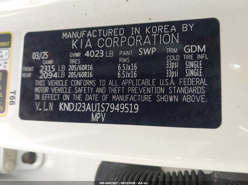 2025 Kia Soul VIN KNDJ23AU1S7949519 IAAI salvage auction — FRONT END, Salvage Title, sold $7,000 on 2026-08-02 (photo 9)