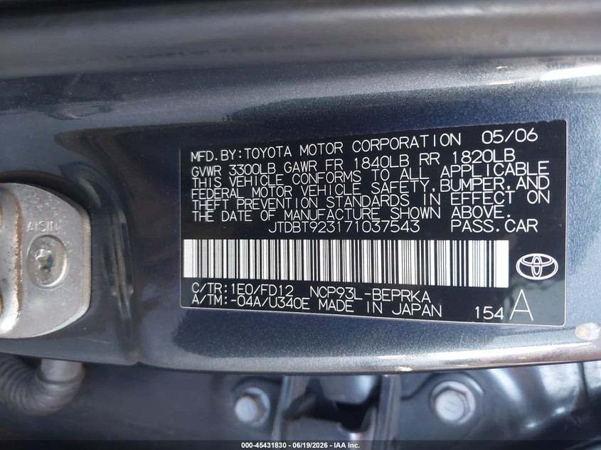 2007 Toyota Yaris VIN JTDBT923171037543 IAAI salvage auction — LEFT REAR, Salvage (California), sold $900 on 2026-07-28 (photo 9)
