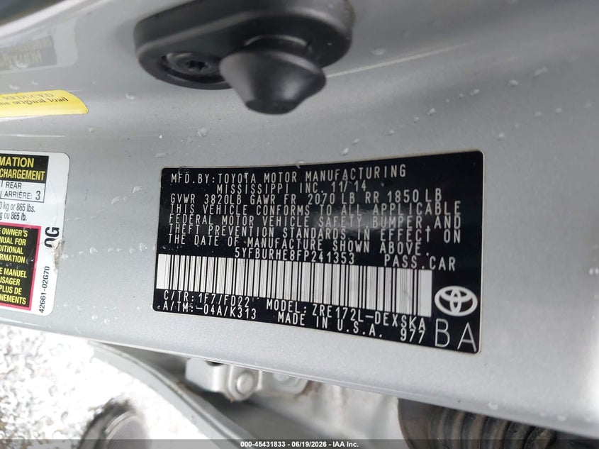 2015 Toyota Corolla VIN 5YFBURHE8FP241353 IAAI salvage auction — LEFT SIDE, Salvage (North Carolina), sold $3,550 on 2026-07-24 (photo 9)