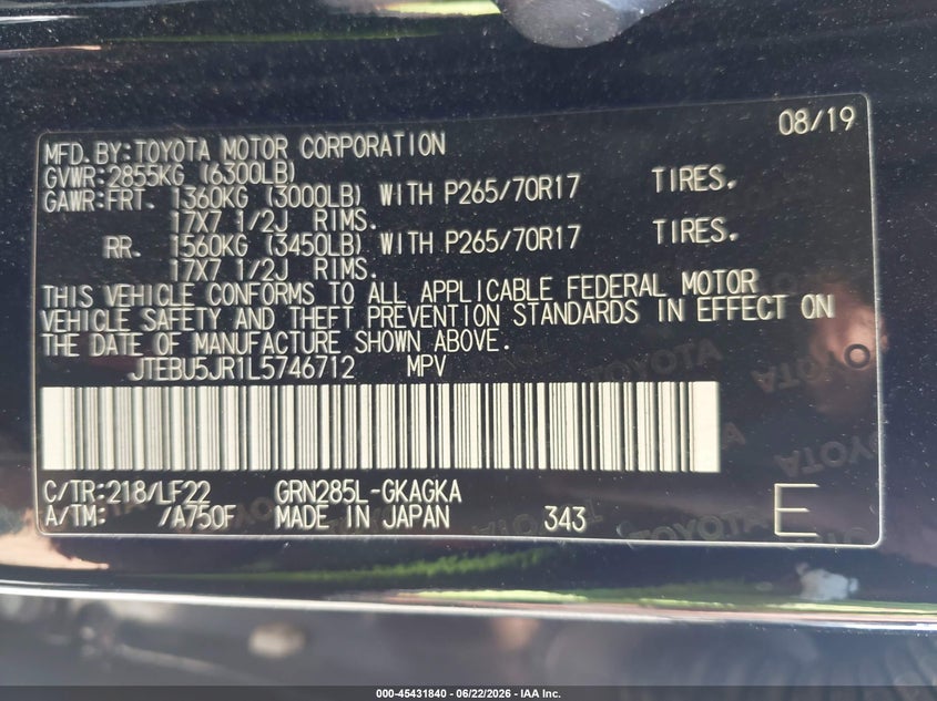 2020 Toyota 4runner VIN JTEBU5JR1L5746712 IAAI salvage auction — FRONT END, Salvage Title, sold $11,350 on 2026-07-29 (photo 9)