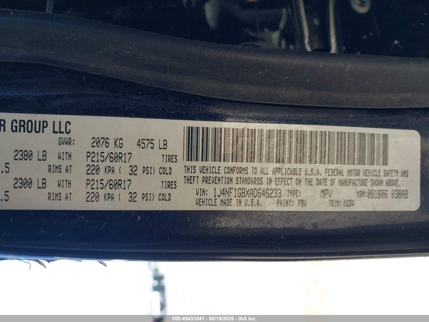 2010 Jeep Liberty (patriot) VIN 1J4NF1GBXAD646233 IAAI salvage auction — LEFT SIDE, Salvage (Texas), sold $25 on 2026-07-22 (photo 9)