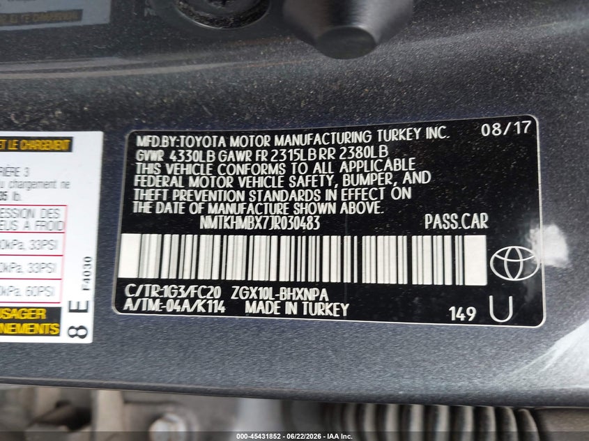 2018 Toyota C-hr VIN NMTKHMBX7JR030483 IAAI salvage auction — FRONT END, Salvage (New Jersey), sold $3,750 on 2026-07-29 (photo 9)