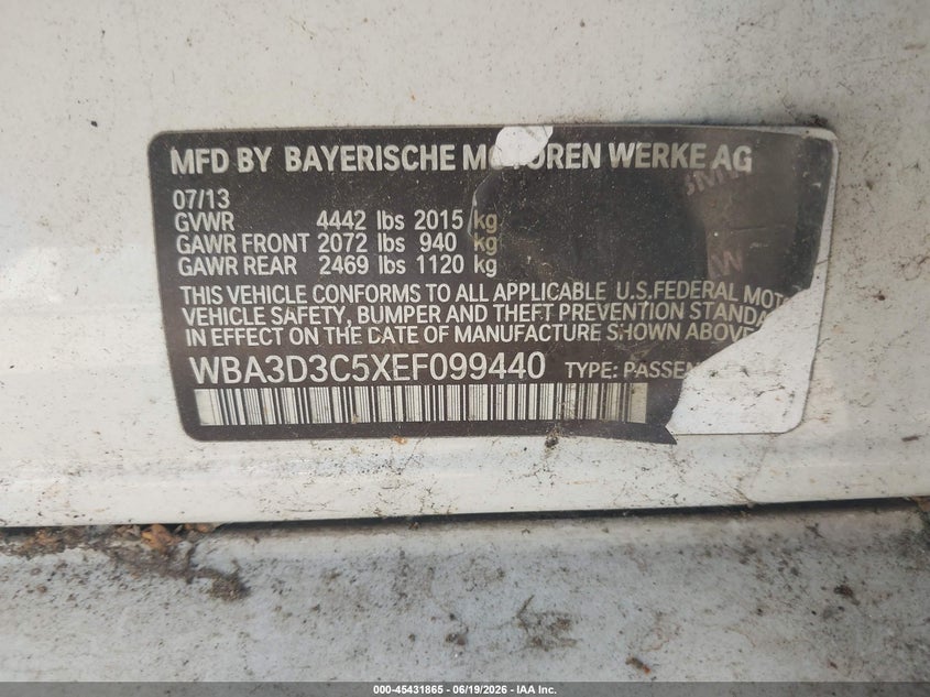 2014 BMW 3er VIN WBA3D3C5XEF099440 IAAI salvage auction — NORMAL WEAR, Clear - Dealer Only (California), sold $400 on 2026-07-08 (photo 9)