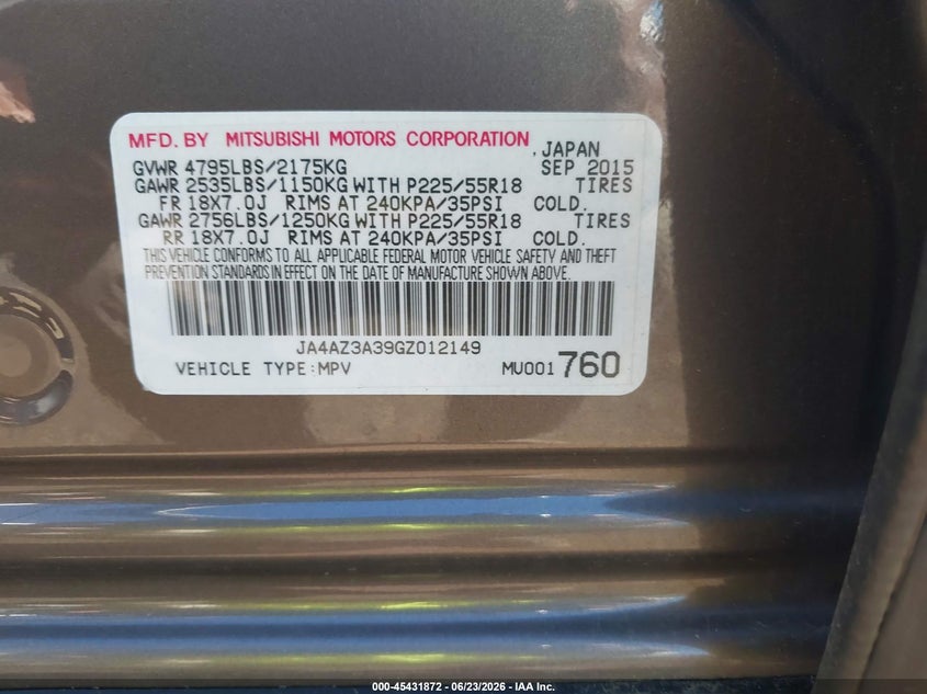 2016 Mitsubishi Outlander VIN JA4AR3AU7GZ050214 IAAI salvage auction — FRONT END, Salvage (Ohio), sold $600 on 2026-07-30 (photo 9)