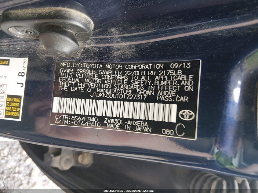2013 Toyota Prius VIN JTDKN3DU1D1727317 IAAI salvage auction — LEFT SIDE, Salvage (Ohio), sold $725 on 2026-07-22 (photo 9)