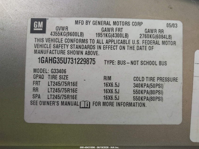 2003 Chevrolet Express 2500 VIN 1GAHG35U731229875 IAAI salvage auction — NORMAL WEAR, Clear (Maryland), sold $325 on 2026-07-09 (photo 9)