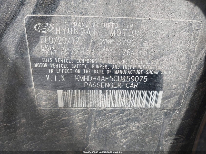 2012 Hyundai Elantra VIN KMHDH4AE5CU459075 IAAI salvage auction — NORMAL WEAR, Original (West Virginia), sold $1,100 on 2026-07-07 (photo 9)