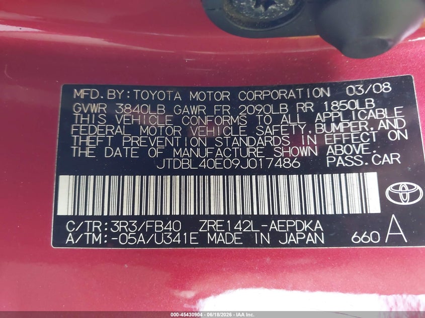2009 Toyota Corolla VIN JTDBL40E09J017486 IAAI salvage auction — NORMAL WEAR, Clear (Florida), sold $1,350 on 2026-07-07 (photo 9)