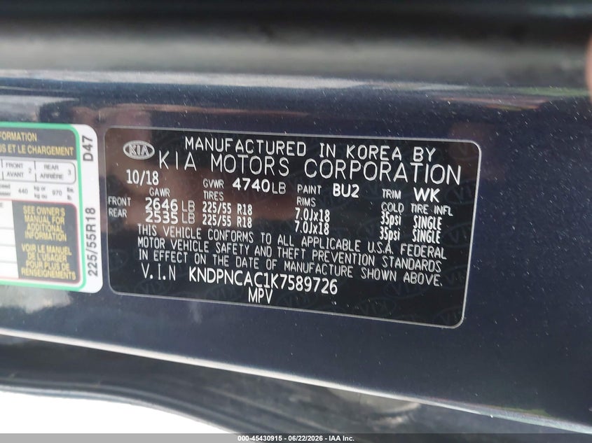2019 Kia Sportage VIN KNDPNCAC1K7589726 IAAI salvage auction — NORMAL WEAR, Clear (Pennsylvania), sold $2,750 on 2026-07-21 (photo 9)