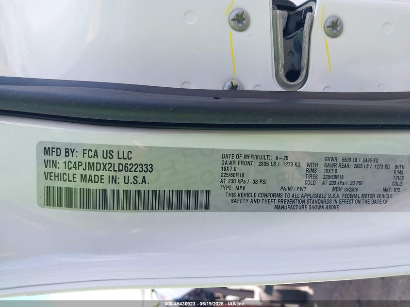2020 Jeep Cherokee VIN 1C4PJMDX2LD622333 IAAI salvage auction — FRONT END, Clear (Michigan), sold $3,000 on 2026-07-20 (photo 9)