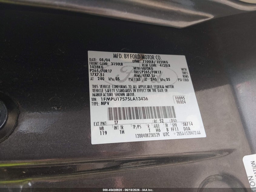 2005 Ford Expedition VIN 1FMPU17575LA13436 IAAI salvage auction — FRONT END, Clear (Arkansas), sold $250 on 2026-07-18 (photo 9)