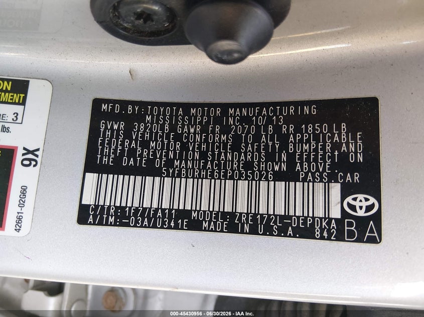 2014 Toyota Corolla VIN 5YFBURHE6EP035026 IAAI salvage auction — NORMAL WEAR, Clear (Illinois), sold $4,525 on 2026-07-29 (photo 9)