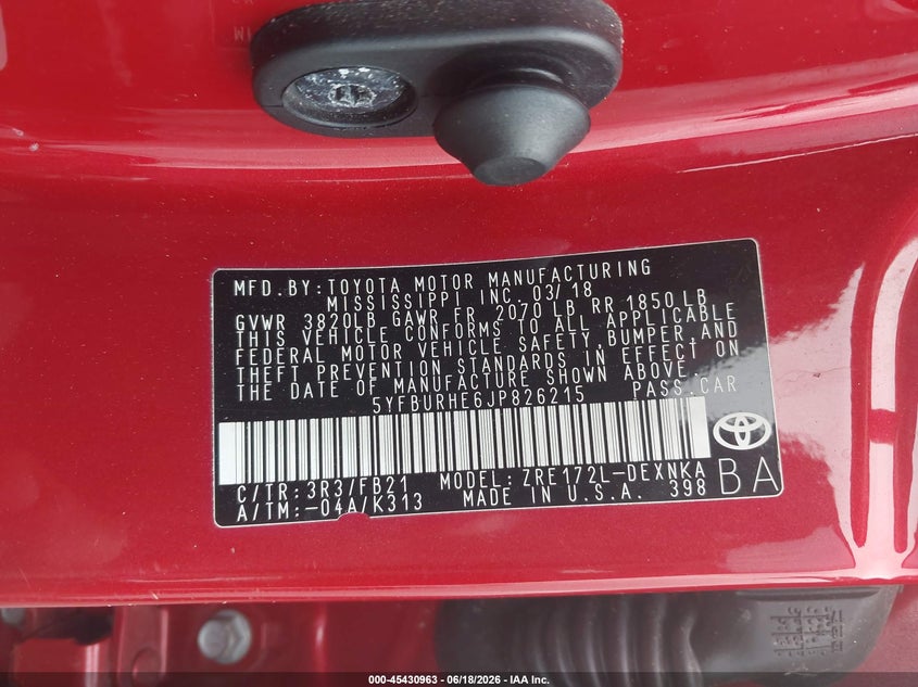 2018 Toyota Corolla VIN 5YFBURHE6JP826215 IAAI salvage auction — MECHANICAL, Clear (Florida), sold $1,800 on 2026-07-29 (photo 9)