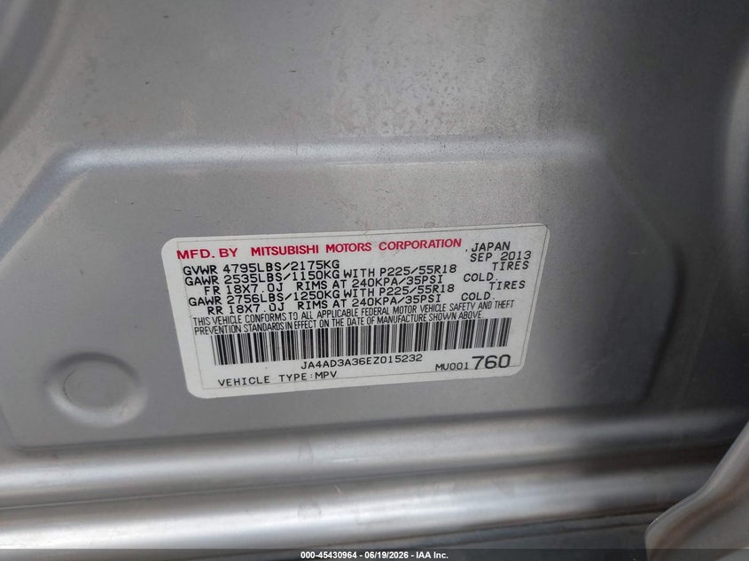 2014 Mitsubishi Outlander VIN JA4AD3A36EZ015232 IAAI salvage auction — RIGHT SIDE, Salvage (California), sold $975 on 2026-07-07 (photo 9)