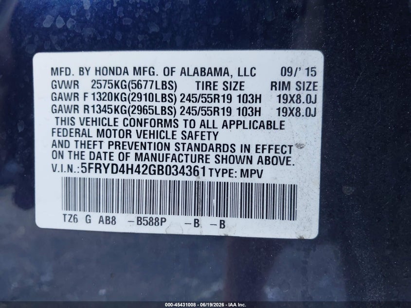 2016 Acura Mdx VIN 5FRYD4H42GB034361 IAAI salvage auction — FRONT & REAR, Salvage Title, sold $2,200 on 2026-07-31 (photo 9)