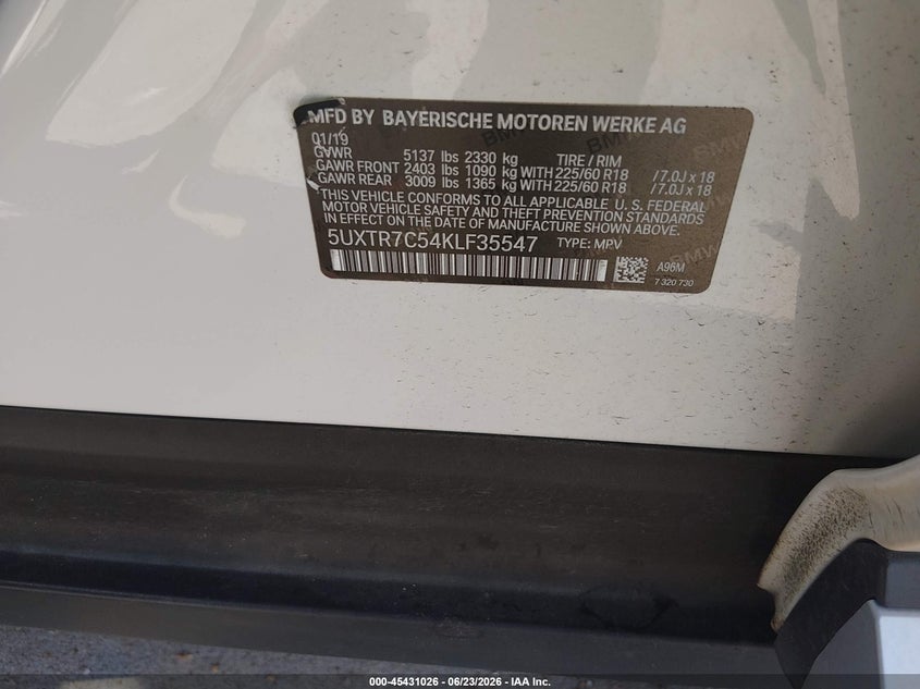2019 BMW X3 VIN 5UXTR7C54KLF35547 IAAI salvage auction — REAR END, Original (Texas), sold $6,100 on 2026-07-31 (photo 9)