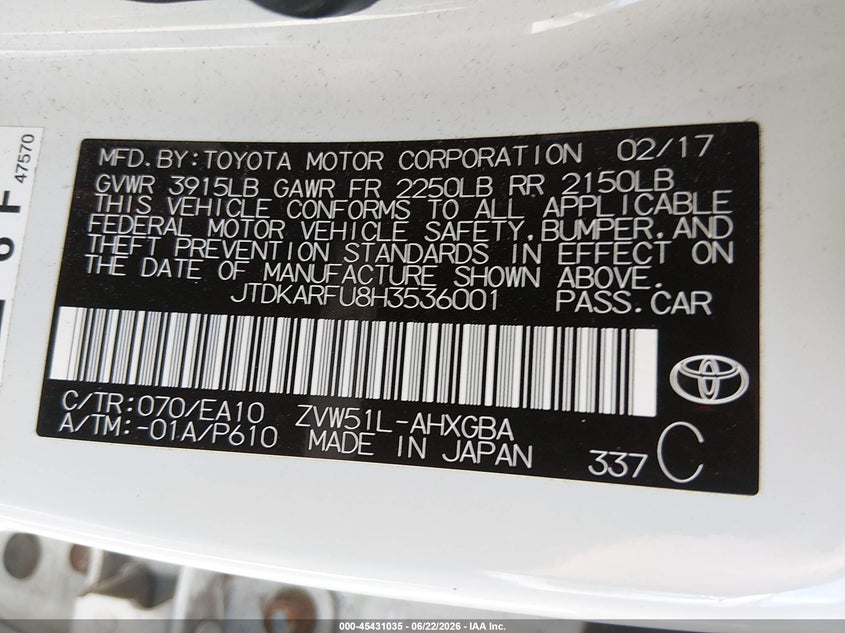 2017 Toyota Prius VIN JTDKARFU8H3536001 IAAI salvage auction — NO DAMAGE, Salvage (Illinois), sold $5,100 on 2026-07-21 (photo 9)