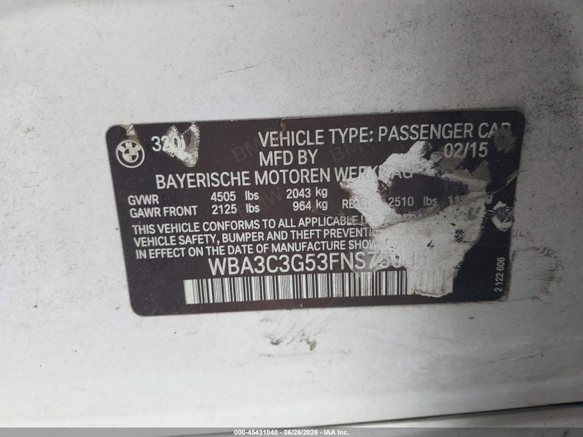 2015 BMW 3er VIN WBA3C3G53FNS75085 IAAI salvage auction — FRONT & REAR, Salvage (South Carolina), sold $25 on 2026-07-22 (photo 9)
