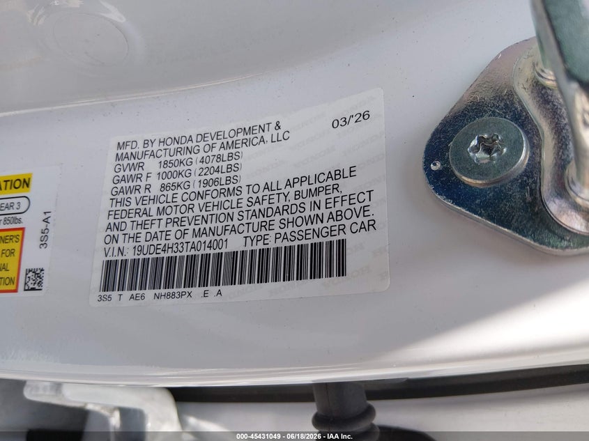 2026 Acura Integra VIN 19UDE4H33TA014001 IAAI salvage auction — REAR END, Salvage Title, sold $12,850 on 2026-08-19 (photo 9)