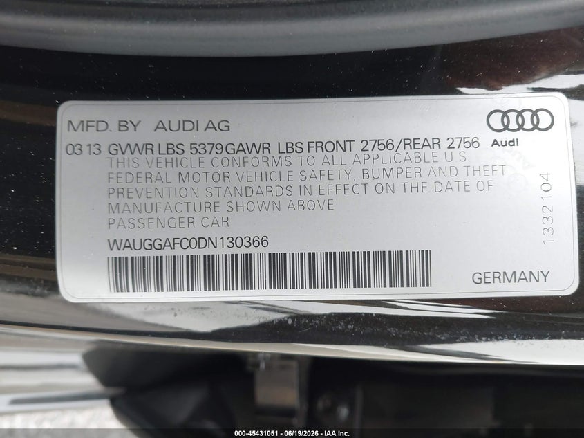 2013 Audi A6 VIN WAUGGAFC0DN130366 IAAI salvage auction — RIGHT SIDE, Salvage Title, sold $925 on 2026-07-21 (photo 9)