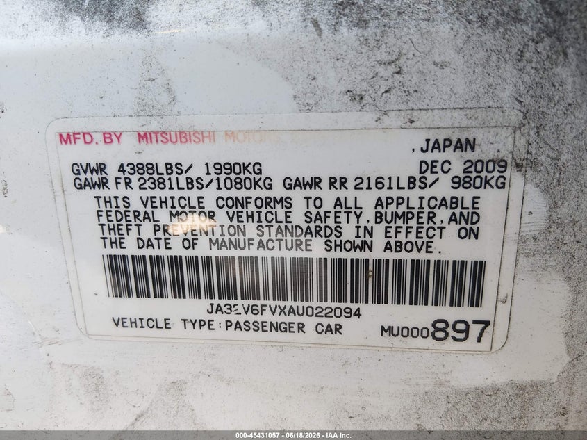 2010 Mitsubishi Lancer VIN JA32V6FVXAU022094 IAAI salvage auction — NORMAL WEAR, Clear - Dealer Only (California), sold $1,825 on 2026-07-15 (photo 9)