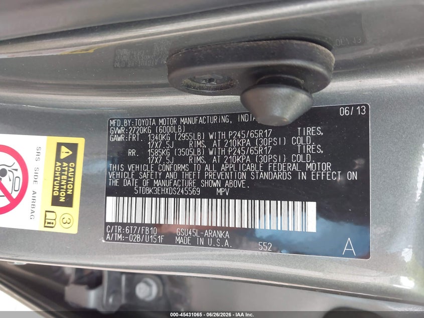 2013 Toyota Highlander VIN 5TDBK3EHXDS245569 IAAI salvage auction — FRONT END, Salvage (Pennsylvania), sold $950 on 2026-07-14 (photo 9)
