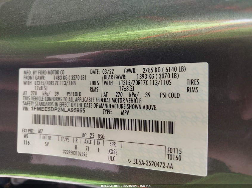 2022 Ford Bronco VIN 1FMEE5DP2NLA95965 IAAI salvage auction — WATER/FLOOD, Salvage (Louisiana), sold $11,300 on 2026-07-28 (photo 9)