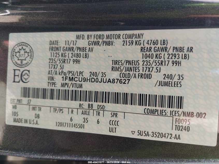 2018 Ford Escape VIN 1FMCU9HD0JUA87627 IAAI salvage auction — LEFT FRONT, Clear (Wisconsin), sold $3,250 on 2026-07-05 (photo 9)