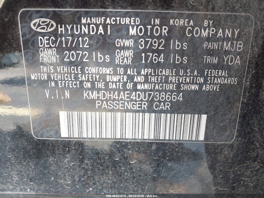 2013 Hyundai Elantra VIN KMHDH4AE4DU738664 IAAI salvage auction — LEFT & RIGHT, Salvage Title, sold $975 on 2026-07-23 (photo 9)