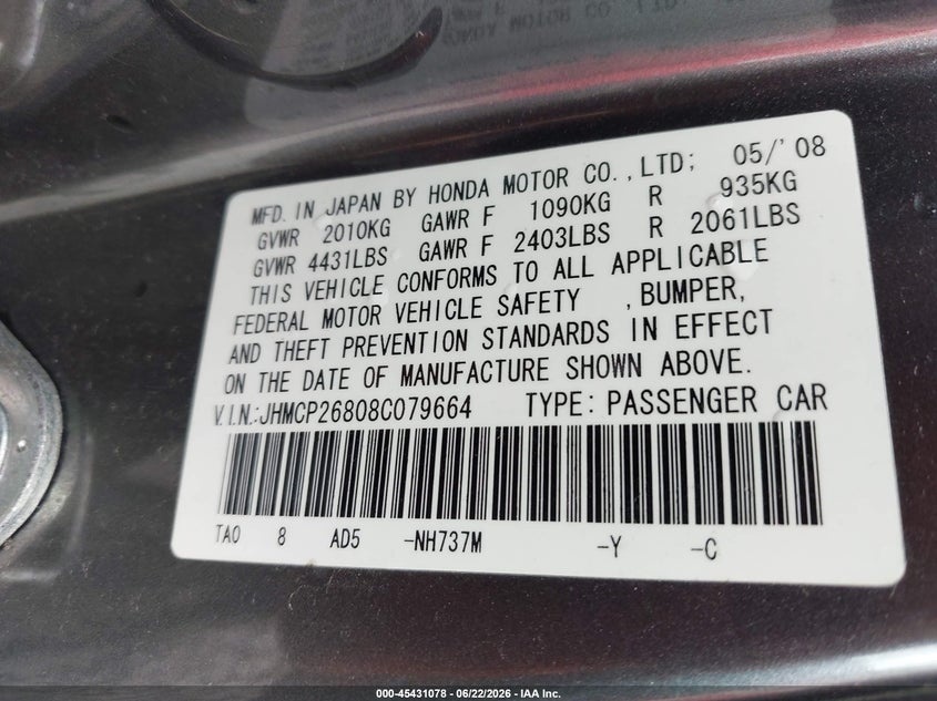 2008 Honda Accord VIN JHMCP26808C079664 IAAI salvage auction — ALL OVER, Clear (Tennessee), sold $25 on 2026-07-23 (photo 9)